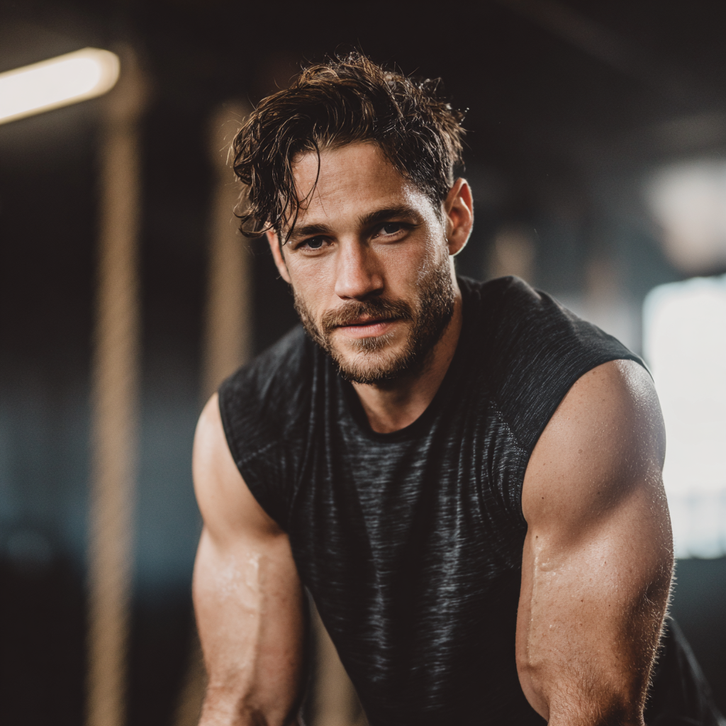 Confident athletic man in gym setting during intense workout training session