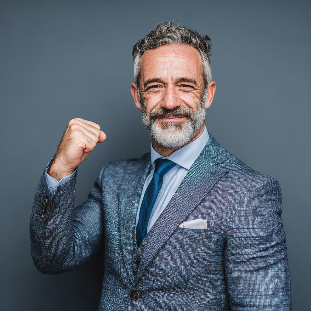 Successful businessman showing confidence and achievement after personal transformation program